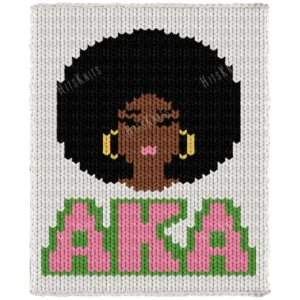 AKA Sorority Finger Knit Blanket Pattern, Alpha Kappa Alpha portrait of a Black woman with an afro and gold hoop earrings above AKA in pink and green, worked in stockinette colorwork intarsia with 6 colors: White, Black, Pink, Lime, Brown, Gold.