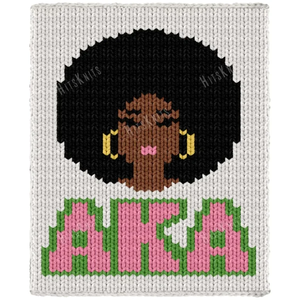 AKA Sorority Finger Knit Blanket Pattern, Alpha Kappa Alpha portrait of a Black woman with an afro and gold hoop earrings above AKA in pink and green, worked in stockinette colorwork intarsia with 6 colors: White, Black, Pink, Lime, Brown, Gold.