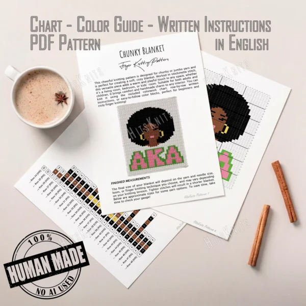AKA Sorority Finger Knit Blanket Pattern, Alpha Kappa Alpha portrait of a Black woman with an afro and gold hoop earrings above AKA in pink and green, worked in stockinette colorwork intarsia with 6 colors: White, Black, Pink, Lime, Brown, Gold.