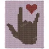 ILY Sign Finger Blanket Knitting Pattern - a coffee-brown hand showing the American Sign Language I love you gesture with a small red heart on a soft pink background, worked in stockinette colorwork intarsia with 3 colors: Background, Coffee, Red.