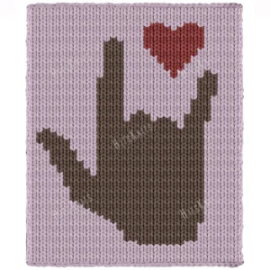 ILY Sign Finger Blanket Knitting Pattern - a coffee-brown hand showing the American Sign Language I love you gesture with a small red heart on a soft pink background, worked in stockinette colorwork intarsia with 3 colors: Background, Coffee, Red.