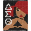 Delta Sigma Theta Red Hat Knitting Pattern - a poised brown-skinned woman in a wide red hat with red lips, both hands joined into the Delta triangle sign, on a black and crimson background beside the ivory Greek letters Delta Sigma Theta, worked in stockinette colorwork intarsia with 4 colors: Black, Camel, Red, Ivory.