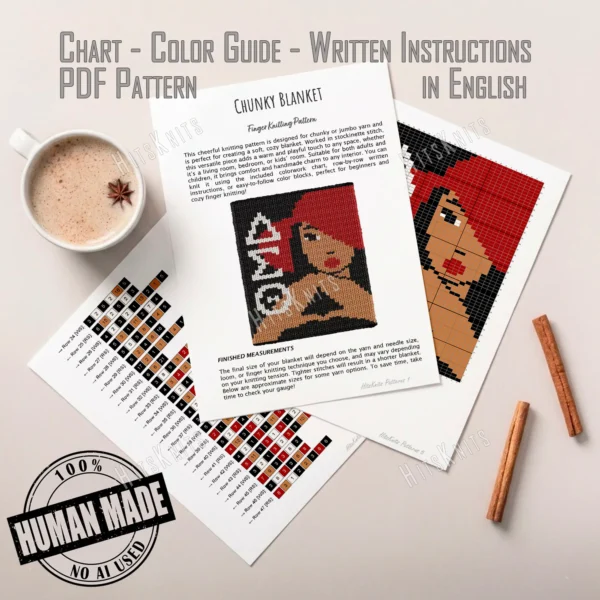 Delta Sigma Theta Red Hat Knitting Pattern - a poised brown-skinned woman in a wide red hat with red lips, both hands joined into the Delta triangle sign, on a black and crimson background beside the ivory Greek letters Delta Sigma Theta, worked in stockinette colorwork intarsia with 4 colors: Black, Camel, Red, Ivory.