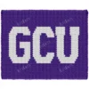 GCU Finger Blanket Knitting Pattern, white college letters G, C, U on a deep purple field in landscape, worked in stockinette colorwork with 2 colors: Purple and White.