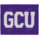 GCU Finger Blanket Knitting Pattern, white college letters G, C, U on a deep purple field in landscape, worked in stockinette colorwork with 2 colors: Purple and White.