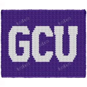 GCU Finger Blanket Knitting Pattern, white college letters G, C, U on a deep purple field in landscape, worked in stockinette colorwork with 2 colors: Purple and White.