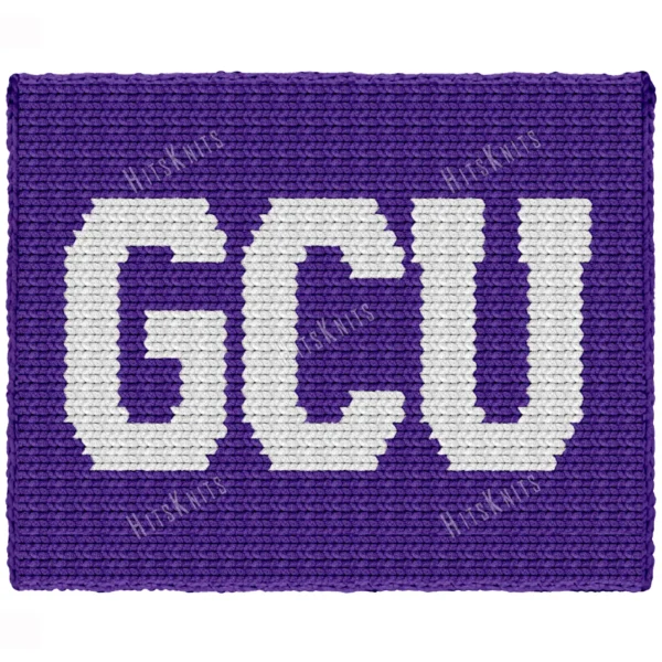 GCU Finger Blanket Knitting Pattern, white college letters G, C, U on a deep purple field in landscape, worked in stockinette colorwork with 2 colors: Purple and White.