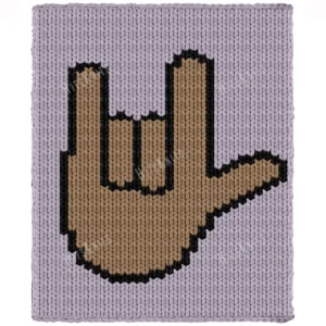 I Love You Sign Emoji Chunky Blanket Pattern - a beige ASL I Love You hand sign outlined in black on a lilac background, worked in stockinette colorwork intarsia with 3 colors: Lilac, Beige, Black.