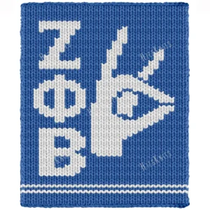 Zeta Phi Beta Finger Knit Blanket Pattern - white greek letters and a dove hand sign on a royal blue field, worked in stockinette colorwork intarsia with 2 colors: Blue, White.