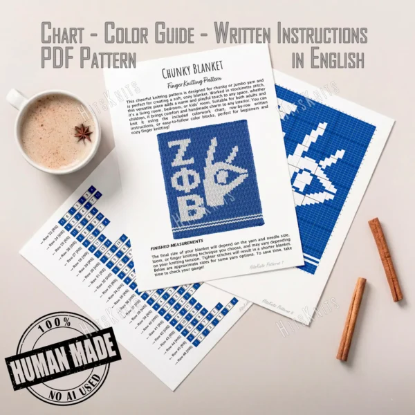 Zeta Phi Beta Finger Knit Blanket Pattern - white greek letters and a dove hand sign on a royal blue field, worked in stockinette colorwork intarsia with 2 colors: Blue, White.