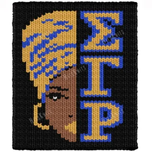 Sigma Gamma Rho Finger Knit Blanket Pattern, a half-face portrait of a Black woman in a gold-and-blue head wrap with a bold earring, greek letters Sigma Gamma Rho beside her, worked in stockinette colorwork intarsia with 5 colors: Black, Gold, Blue, Camel, and Ivory.