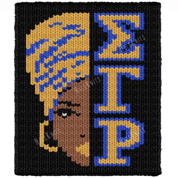 Sigma Gamma Rho Finger Knit Blanket Pattern, a half-face portrait of a Black woman in a gold-and-blue head wrap with a bold earring, greek letters Sigma Gamma Rho beside her, worked in stockinette colorwork intarsia with 5 colors: Black, Gold, Blue, Camel, and Ivory.