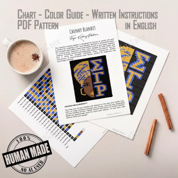 Sigma Gamma Rho Finger Knit Blanket Pattern, a half-face portrait of a Black woman in a gold-and-blue head wrap with a bold earring, greek letters Sigma Gamma Rho beside her, worked in stockinette colorwork intarsia with 5 colors: Black, Gold, Blue, Camel, and Ivory.