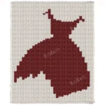 Red Dress Blanket Finger Knitting Pattern showing a deep red party gown silhouette with slim straps and a full flared skirt on a cream background, worked in stockinette colorwork with 2 colors: Cream and Red.