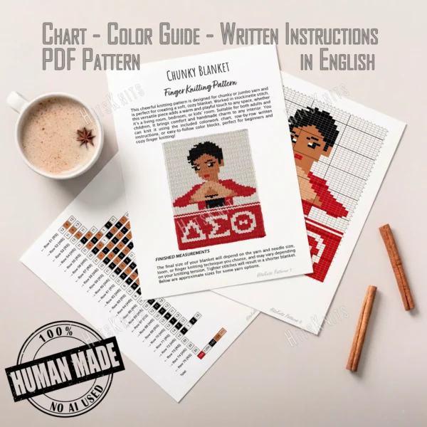 Delta Sigma Theta Hand Sign Knitting Pattern - a brown-skinned woman with a black curly updo and a red blazer, one hand raised in the sorority hand sign, above the ivory Greek letters Delta Sigma Theta on a crimson band, worked in stockinette colorwork intarsia with 5 colors: Red, Ivory, Black, Camel, Beige.
