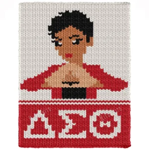 Delta Sigma Theta Hand Sign Knitting Pattern - a brown-skinned woman with a black curly updo and a red blazer, one hand raised in the sorority hand sign, above the ivory Greek letters Delta Sigma Theta on a crimson band, worked in stockinette colorwork intarsia with 5 colors: Red, Ivory, Black, Camel, Beige.
