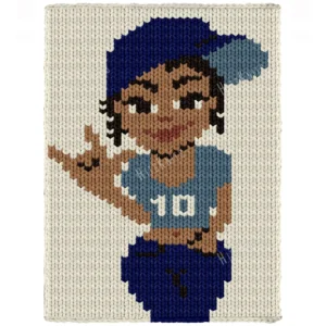 ASL I Love You Finger Knit Blanket Pattern - African American girl in a navy cap showing the ILY I love you sign from American Sign Language, in a blue number 10 tee and jeans, worked in stockinette colorwork intarsia with 6 colors: Ivory, Navy, Camel, Blue, Black, Brick.