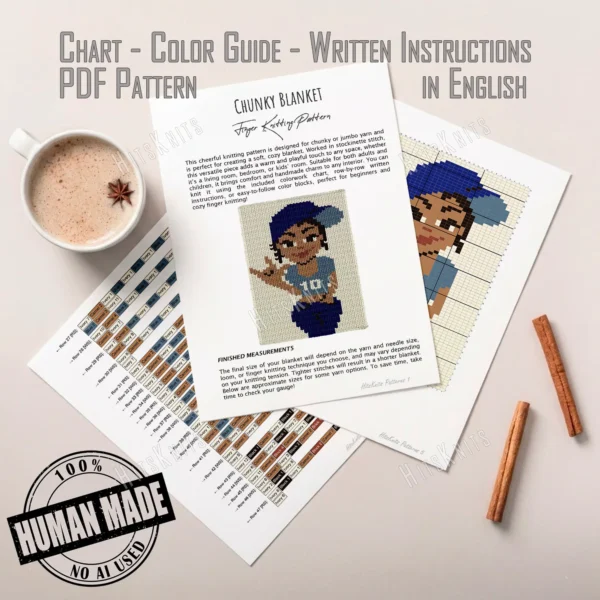 ASL I Love You Finger Knit Blanket Pattern - African American girl in a navy cap showing the ILY I love you sign from American Sign Language, in a blue number 10 tee and jeans, worked in stockinette colorwork intarsia with 6 colors: Ivory, Navy, Camel, Blue, Black, Brick.