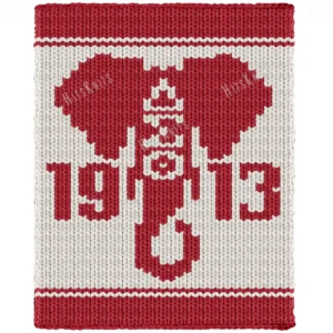 Delta Sigma Theta Finger Knit Blanket - crimson sorority elephant with Greek letters and 1913, worked in stockinette colorwork with 2 colors: Red and Ivory.