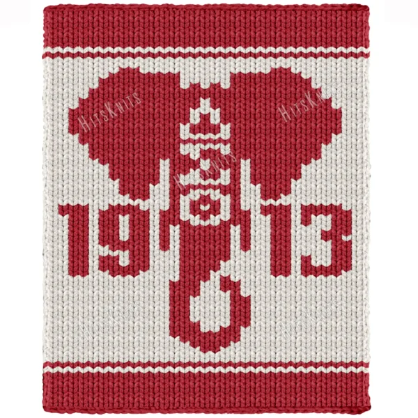 Delta Sigma Theta Finger Knit Blanket - crimson sorority elephant with Greek letters and 1913, worked in stockinette colorwork with 2 colors: Red and Ivory.