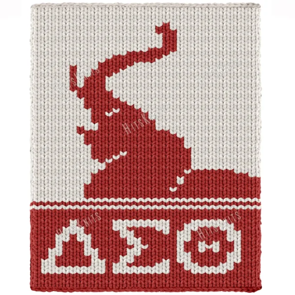Trunk Up Elephant Finger Knitting Pattern - crimson elephant with its trunk raised and three Greek letters below, worked in stockinette colorwork with 2 colors: Ivory and Red.