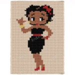 Betty Boop ILY Knit Chunky Blanket Pattern - a vintage pinup character in a black dress with a red flower and gold earrings, one hand raised in the American Sign Language I love you gesture, worked in stockinette colorwork intarsia with 6 colors: Cream, Black, Camel, Red, Gold, White.