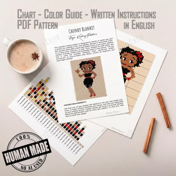 Betty Boop ILY Knit Chunky Blanket Pattern - a vintage pinup character in a black dress with a red flower and gold earrings, one hand raised in the American Sign Language I love you gesture, worked in stockinette colorwork intarsia with 6 colors: Cream, Black, Camel, Red, Gold, White.