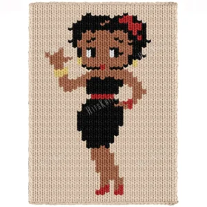 Betty Boop ILY Knit Chunky Blanket Pattern - a vintage pinup character in a black dress with a red flower and gold earrings, one hand raised in the American Sign Language I love you gesture, worked in stockinette colorwork intarsia with 6 colors: Cream, Black, Camel, Red, Gold, White.