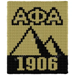 Alpha Phi Alpha Pyramid Knit Blanket Pattern - the Alpha Phi Alpha letters on top, two gold pyramids in the center, and the year 1906 at the bottom, in black and old gold, Divine Nine fraternity pride, finger knitted, 34 loops x 75 rows, jumbo chenille colorwork graphghan.