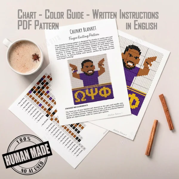 Omega Psi Phi Fraternity Finger Knit Blanket - a brown-skinned man throwing up the hooks with both arms in a royal purple jersey, three gold Greek letters below on a purple band, calm and proud mood, worked in stockinette colorwork intarsia with 5 colors: Ivory, Purple, Camel, Gold, Black.