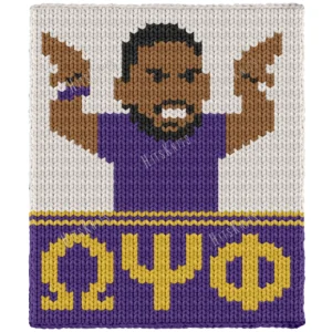 Omega Psi Phi Fraternity Finger Knit Blanket - a brown-skinned man throwing up the hooks with both arms in a royal purple jersey, three gold Greek letters below on a purple band, calm and proud mood, worked in stockinette colorwork intarsia with 5 colors: Ivory, Purple, Camel, Gold, Black.