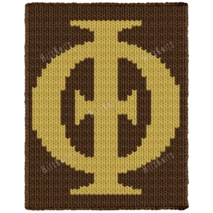 Iota Phi Theta Finger Knit Blanket Pattern - the Iota, Phi and Theta letters locked into one gold Greek emblem on a charcoal brown field, bold Divine Nine fraternity pride, finger knitted, worked in stockinette colorwork intarsia with 2 colors: Charcoal Brown, Gilded Gold.