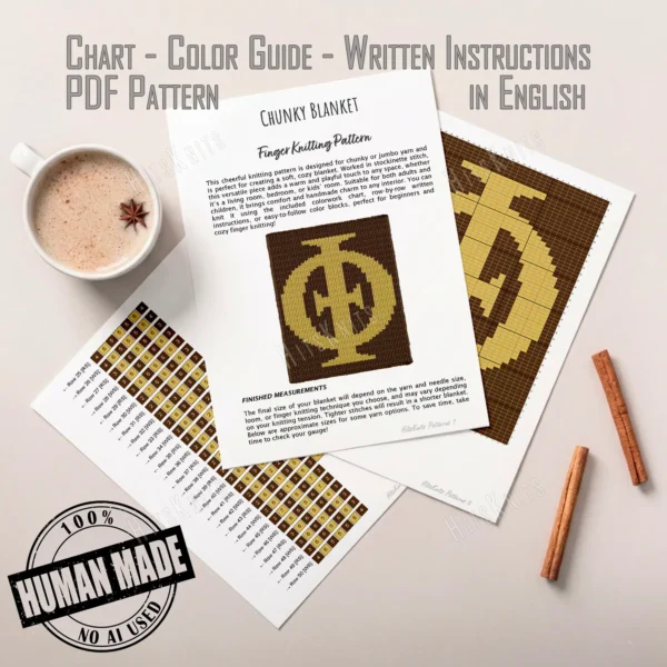 Iota Phi Theta Finger Knit Blanket Pattern - the Iota, Phi and Theta letters locked into one gold Greek emblem on a charcoal brown field, bold Divine Nine fraternity pride, finger knitted, worked in stockinette colorwork intarsia with 2 colors: Charcoal Brown, Gilded Gold.