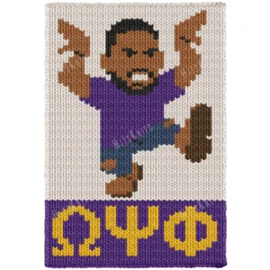 Omega Psi Phi Step Show Finger Knit Blanket - a brown-skinned man mid-step with both arms up and one leg kicked high, in a royal purple jersey, blue jeans, and brown boots, three gold Greek letters below on a purple band, worked in stockinette colorwork intarsia with 7 colors: Ivory, Purple, Camel, Gold, Blue, Black, Brown.