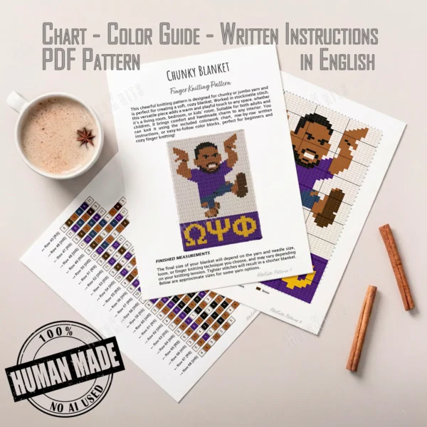 Omega Psi Phi Step Show Finger Knit Blanket - a brown-skinned man mid-step with both arms up and one leg kicked high, in a royal purple jersey, blue jeans, and brown boots, three gold Greek letters below on a purple band, worked in stockinette colorwork intarsia with 7 colors: Ivory, Purple, Camel, Gold, Blue, Black, Brown.