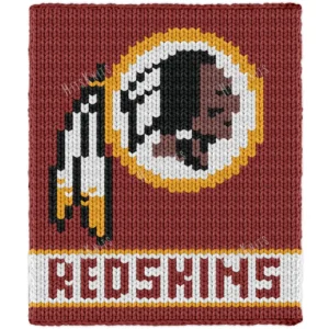Redskins Chunky Blanket Knitting Pattern - the NFL football team logo, a Native American warrior head in profile wearing feathers on a white circle with a gold ring, REDSKINS in white capitals below on a deep red field, worked in stockinette colorwork with 5 colors: Red, White, Black, Gold, and Brown.