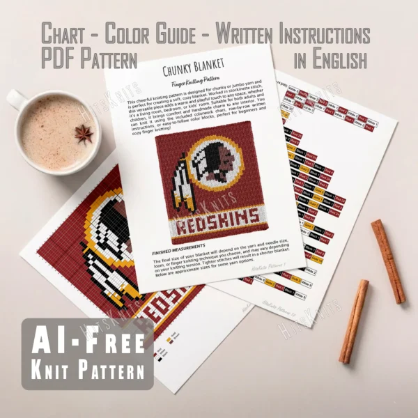 Redskins Chunky Blanket Knitting Pattern - the NFL football team logo, a Native American warrior head in profile wearing feathers on a white circle with a gold ring, REDSKINS in white capitals below on a deep red field, worked in stockinette colorwork with 5 colors: Red, White, Black, Gold, and Brown.