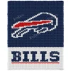 Buffalo Bills Chunky Knit Blanket Pattern - blue charging buffalo logo with red motion streak and white outline on navy, BILLS in block letters below, worked in stockinette colorwork intarsia with 3 colors: Blue, White, Red.