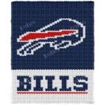 Buffalo Bills Chunky Knit Blanket Pattern - blue charging buffalo logo with red motion streak and white outline on navy, BILLS in block letters below, worked in stockinette colorwork intarsia with 3 colors: Blue, White, Red.