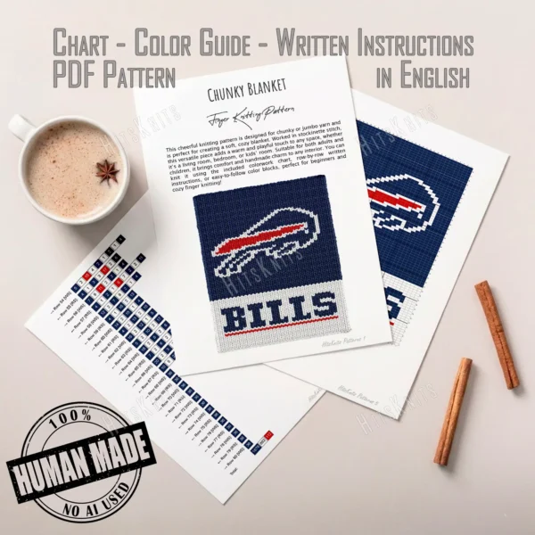 Buffalo Bills Chunky Knit Blanket Pattern - blue charging buffalo logo with red motion streak and white outline on navy, BILLS in block letters below, worked in stockinette colorwork intarsia with 3 colors: Blue, White, Red.