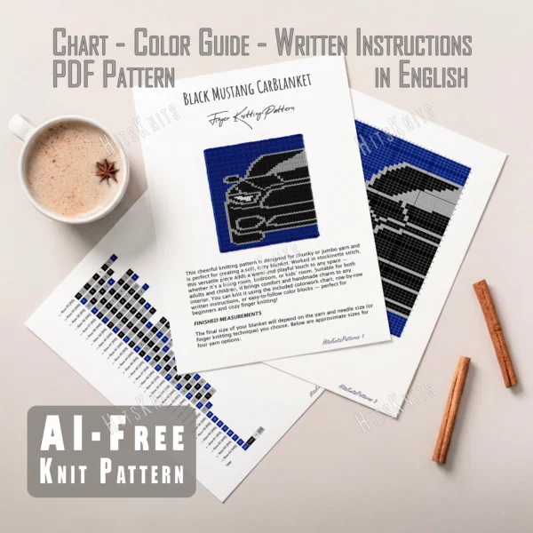 Black Mustang Finger Knit Blanket Pattern - black front-view muscle car on a blue field, 4-color colorwork in black, white and grey.