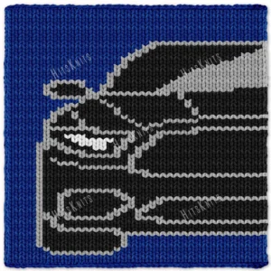 Black Mustang Finger Knit Blanket Pattern - black front-view muscle car on a blue field, 4-color colorwork in black, white and grey.