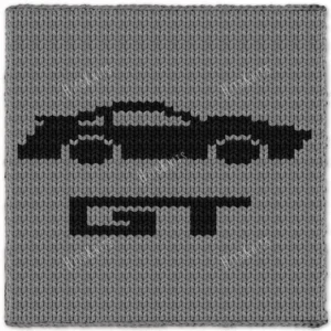 Ford Mustang GT Finger Knit Blanket Pattern - black side silhouette of a muscle car with GT lettering below on a grey field, 2-color colorwork.