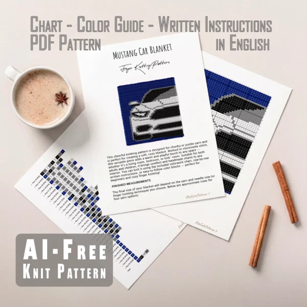 White Mustang Finger Knit Blanket Pattern - white front-view muscle car on a blue field, 4-color colorwork in black, white and grey.