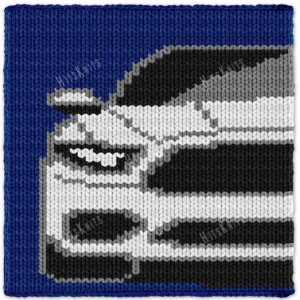 White Mustang Finger Knit Blanket Pattern - white front-view muscle car on a blue field, 4-color colorwork in black, white and grey.