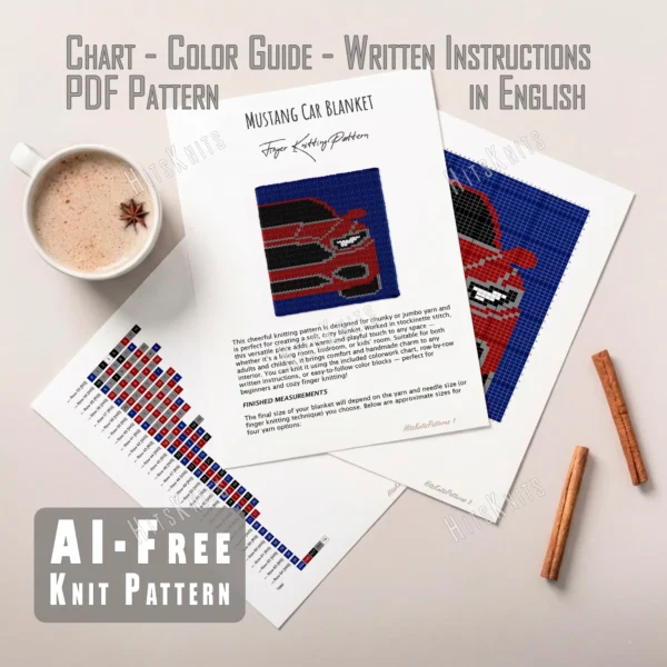 Red Mustang GT Finger Knit Blanket Pattern - red front-view muscle car on a blue field, 5-color colorwork in red, black, grey and white.