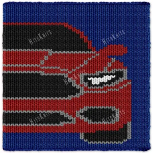 Red Mustang GT Finger Knit Blanket Pattern - red front-view muscle car on a blue field, 5-color colorwork in red, black, grey and white.