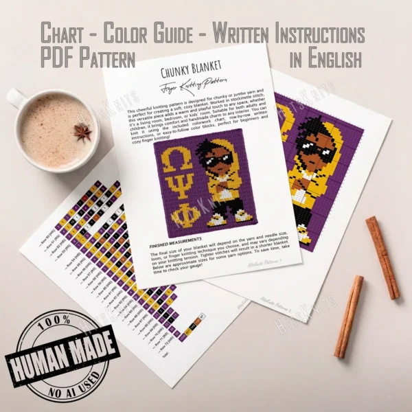 Omega Psi Phi Finger Knit Blanket Pattern, a stylish young man in a gold hoodie, black sunglasses and gold-and-white sneakers standing beside the greek letters Omega Psi Phi, worked in stockinette colorwork intarsia with 5 colors: Purple, Gold, Black, Camel, and White.