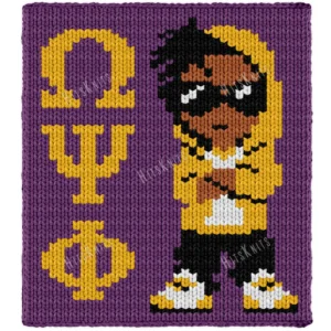 Omega Psi Phi Finger Knit Blanket Pattern, a stylish young man in a gold hoodie, black sunglasses and gold-and-white sneakers standing beside the greek letters Omega Psi Phi, worked in stockinette colorwork intarsia with 5 colors: Purple, Gold, Black, Camel, and White.