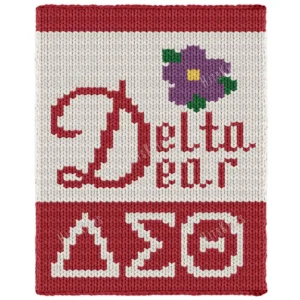 Delta Dear Blanket Finger Knitting Pattern - chunky finger knit blanket in Ivory and Red with a purple African violet, green leaves, yellow centre, red Delta Dear lettering, and Delta Sigma Theta inspired graphic colorwork.